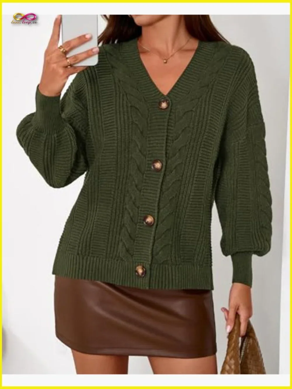 V Neck Long Sleeve Chunky Cable Knit Button Cardigan Sweater Oversized - Picture 2 of 7